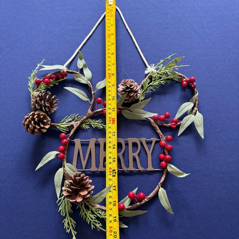 Disney Mickey Mouse “Merry” Holiday Wreath Rustic Pinecones & Berries